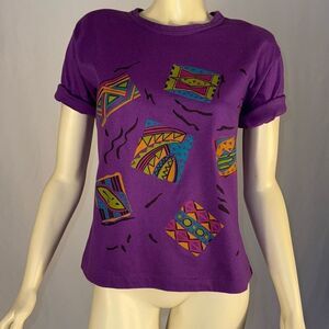 Vintage 80’s Purple Geometric Bold Shoulder T-Shirt‎ Women’s Size MP